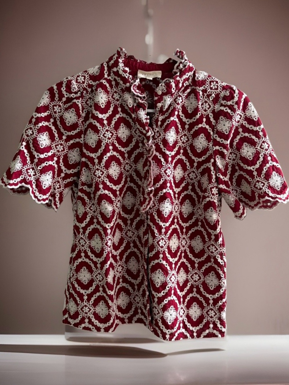 Sézane Women’s EU 34 Red/White Geometric Embroidered Ruffle Button Blouse